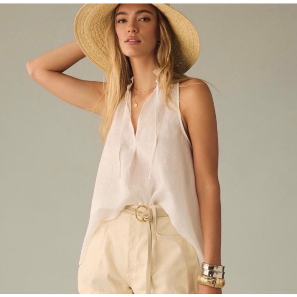 NWT Anthropologie Pilcro White Linen V-Neck Tie Front Tank Top Small Sleeveless